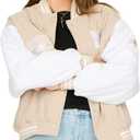 Forever 21 Women's Oversized Corduroy Bomber Jacket – Snap Button Varsity Coat with Front and Back Patches, Ribbed Trim, Contrast Sleeves, Streetwear Style L