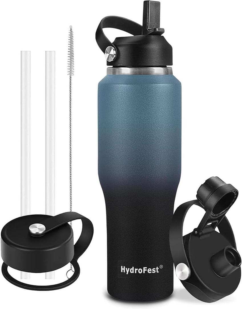 32oz Water Bottle Insulated with Straw, Leak Proof Water Bottles Mens Water Bottle Stainless Steel for Gym,Hiking,TravelSport,1 Liter, Bpa free (Blue Black Gradient)