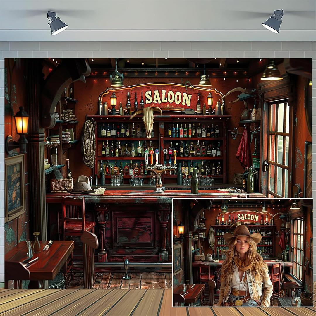 10 x 6.5 ft Western Cowboy Bar Backdrops Nightclub Pub Bar Counter Backdrop Whisky Wine Drinks Alcohol Cafe Restaurant Drink Shelf Background Wallpaper Bar Theme Party Decor Photo Props