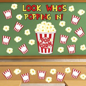 Whaline 77Pcs Popcorn Bulletin Board Decorations Popcorn Bucket Cutouts Back to School Classroom Decor Movie Theme Cut-Outs for Students School Chalkboard Wall Popcorn Party Decor