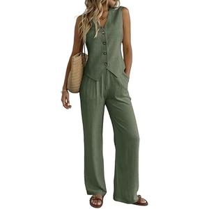 Women's 2 Piece Outfits Linen Vest Waistcoat Dressy Casual Sets Wide Leg Pants Suits, Size Medium
