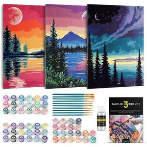 Magicfly 3 Pack Paint by Number for Adults Beginner, Moon Lake Landscape DIY Painting by Number Kit, Easy Acrylic Paint by Numbers on Canvas, 9x12 Inch, Include 10 Multi-Sized Brushes