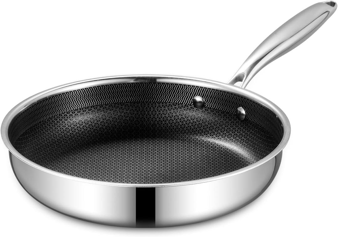 Nonstick 10 Inch Frying Pan, Hybrid Flat Skillet Deep Stainless Skillets Crepes, Pancakes, Steak Eggs Stay-Cool Handle, Dishwasher & Oven Safe, PFOA Free Cookware Compatible with All Cooktops (Silver)
