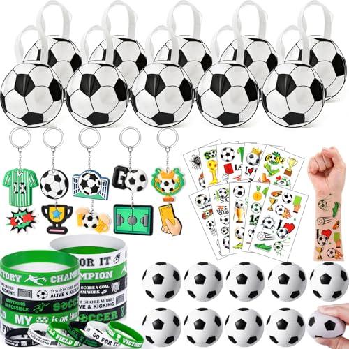 SNLN 50pcs Soccer Party Favors Sports Birthday Supplies with Soccer Goodie Bags Mini Stress Ball Silicone Bracelet Keychains Tattoo Stickers Boys Girls Kids Party Gift Pinata Fillers