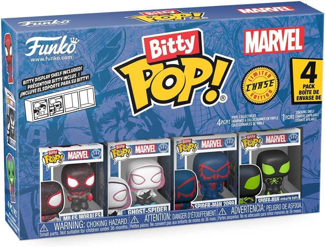 Funko Pop! Bitty: Spider-Man - Miles Morales, Ghost Spider, Spider-Man 2099, and Mystery Chase Figure - 0.9 Inch (2.2 Cm) - Marvel Comics Collectable - Stackable Display Shelf Included - Gift Idea
