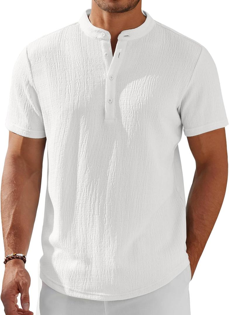 COOFANDY Men's Henley Shirt Short Sleeve Stand Collar Summer Casual Beach Hippie T-Shirts (White, XL)