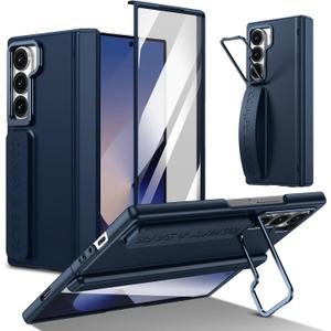 for Samsung Galaxy Z Fold 6 Hand Strap Case, Built-in Screen Protector & Hinge Protection & Camera Cover Kickstand, Military Grade Full Body Shockproof Protective, Blue