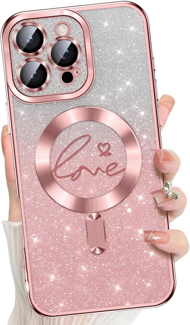 Misscase for iPhone 16 Pro Case Magnetic Glitter with Full Camera Lens Protector,[Compatible with MagSafe] Cute Glitter Bling Sparkly Love Hearts Plating Cover Phone Case for Women Girls-Pink