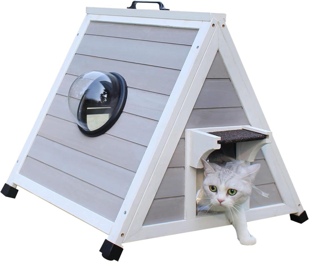Deblue Outdoor Cat House for Feral Cats, Weatherproof Wooden Cat House for Small Pets, Unique Cat Shelter with Escape Door, Clear Window-Grey