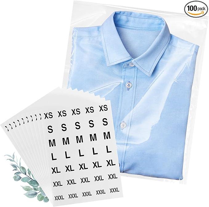 100 Count T Shirt Bags, Cellophane Bags Clear Poly Bags Plastic Bags For Packing Clothing Self Sealing Bag With10 Pcs Size Stickers (9 * 12)