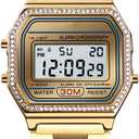 PASOY Men's Digital Gold Stainless Steel Watch Backlit Multifunction Stopwatch Waterproof Sport Watches
