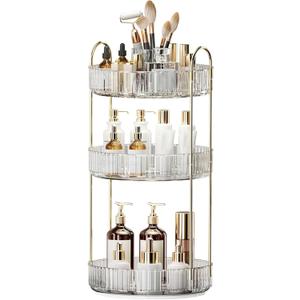 360 Rotating Makeup Organizer, Large-Capacity Skincare Make Up Storage 3 Tier Perfume Organizers Cosmetic Dresser Organizer with Makeup Brush Holder, Fits Bedroom, Bathroom, Vanity Shelf Countertop