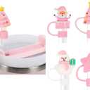 Christmas Halloween Straw Covers Cap Compatible with Stanley Cup 30 40 oz, 4PCS Silicone Reusable Drinking Straw Topper Including 4 styles, Funny Party Straw Cover for Stanley. (Pink Christmas Set)