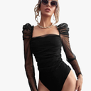 Floerns Women's Puff Sleeve Square Neck Mesh Surplice Ruched Bodysuit Tops Jumpsuits S