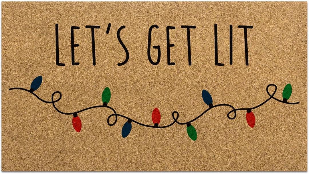 Tinideya 1 Pcs Christmas Welcome Coir Doormat 16.9 x 30.3 Inch Lets Get Lit Funny Xmas Porch Decor Mat Non Slip Natural Fiber Coir Front Doormat Decor for Holiday Home Indoor Gift