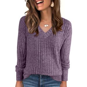 ANRABESS Long Sleeve Shirts for Women V Neck Casual Fall Tops Loose Fit Lightweight Sweaters Tunic Fashion 2025 Clothes (Medium, Purple)