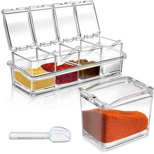 4-Cell Clear Seasoning Rack Spice Box Storage Container Condiment Jars Acrylic Seasoning Box with Cover and Spoon