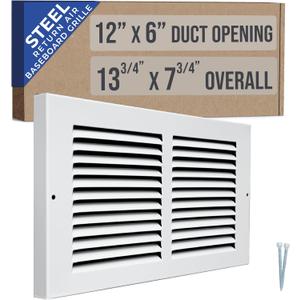 Fits 12x6 Duct Opening | Steel Baseboard Return Air Grille by Handua | Vent Cover Grill | 7/8" Margin Turnback [Depth] to Fit Baseboard | White | Outer Dimensions: 13.75"W X 7.75 "H