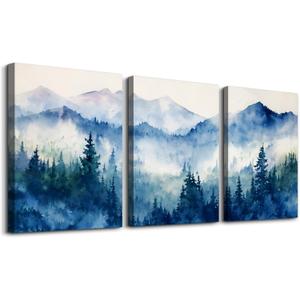 SERIMINO Nature Landscape Canvas Wall Art for Living Room, Forest Mountain Canvas Prints Paintings, Blue Modern Farmhouse Wall Decor for Bedroom Bathroom Set of 3, 12"X16"