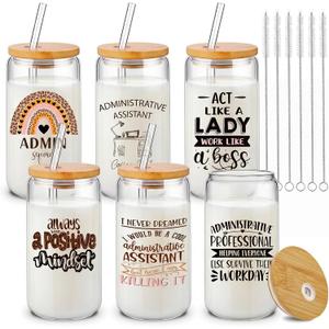 Potchen 6 Pack Administrative Professional Day Appreciation Gifts for Women 16oz Glass Cups with Lids Straws and Brushes Admin Assistant Secretary Thank You Gifts for Office Coworkers Employee