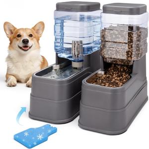 Automatic Cat Feeder and Water Dispenser with Stainless Steel Bowl with Ice Pack Gravity Food Feeder and Waterer Set Feeding Raised Bowls with Filter for Dog 1.3 Gallon x 2(Grey)