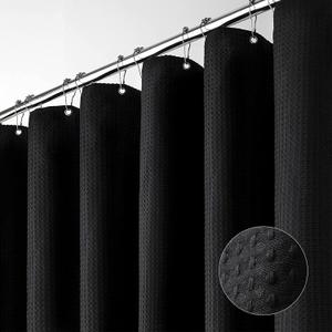 Dynamene Long Black Fabric Shower Curtain - Waffle Textured Tall Heavy Duty Cloth Shower Curtains for Bathroom, 256GSM Large Hotel Spa Luxury Bath Curtain Set with 12 Plastic Hooks(72Wx78H, Black) (72"W x 78"L (Pack of 1), Black)