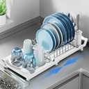 Expandable Dish Drying Rack for Sink or Countertop  Compact Stainless Steel Dish Drainer with Removable Utensil Holder, Rustproof Plate Rack for Small Kitchen Spaces, White