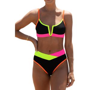 popvil Women's Sexy V Neck Bikini Sets High Waisted Bathing Suit Color Block Swimsuits (Black) L