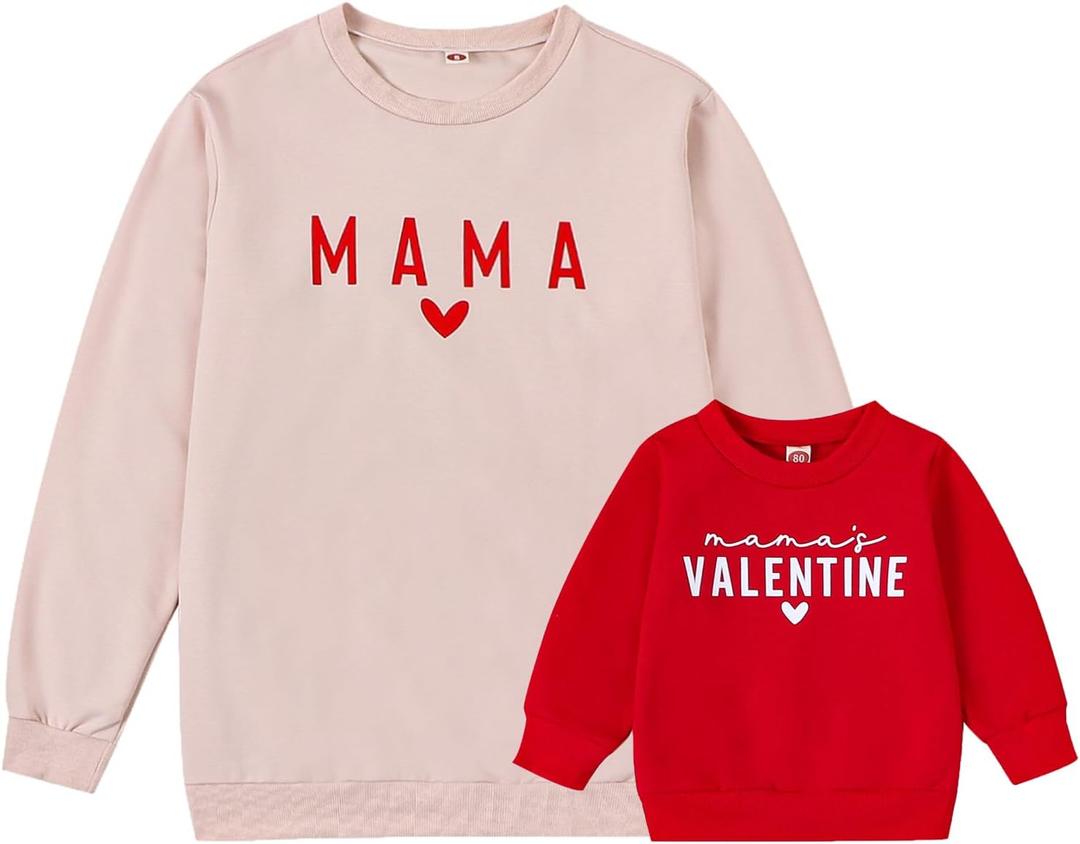 Winioder Mommy and Me Matching Outfits Letter Print Crewneck Pullover Sweatshirt Long Sleeve Shirt Tops Baby Clothes (Medium, Valentine Beige)