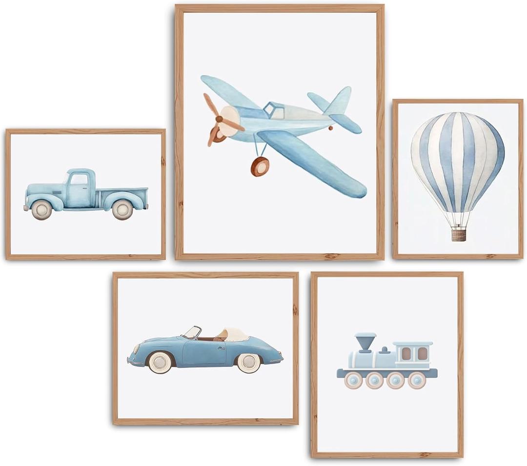 2 x Blue Car Wall Art Decor Boys Room Poster Vintage Train Transportation Wall Art (UNFRAMED) (White)