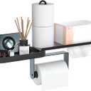 Toilet Paper Holder Wall Mount Metal Paper Towel Holder with Shelf Swivel Tissue Holder for Bathroom Kitchen Garage Roll Holder Standing Horizontal Hanging Paper Towel Rack Phone Storage Matte Black