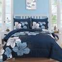 Luxudecor Navy Blue Comforter Set Queen Size, 7 Pieces Bed in a Bag Navy Blue Floral Comforter and Sheet Set, Soft Microfiber Complete Bedding Sets for All Seasons