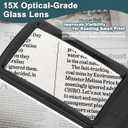 15X Magnifying Glass with Light for Reading, Real Glass Lens, 3 Color Modes Dimmable, LED Lighted Handheld Page Magnifier for Reading Small Prints, Seniors Low Vision Macular Degeneration
