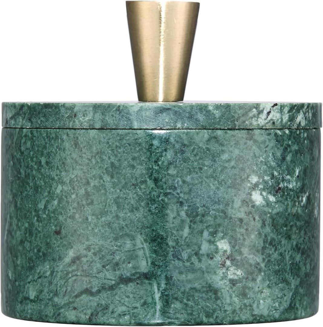 Queenza Marble Salt Cellar with Lid and Brass Knob (Green)