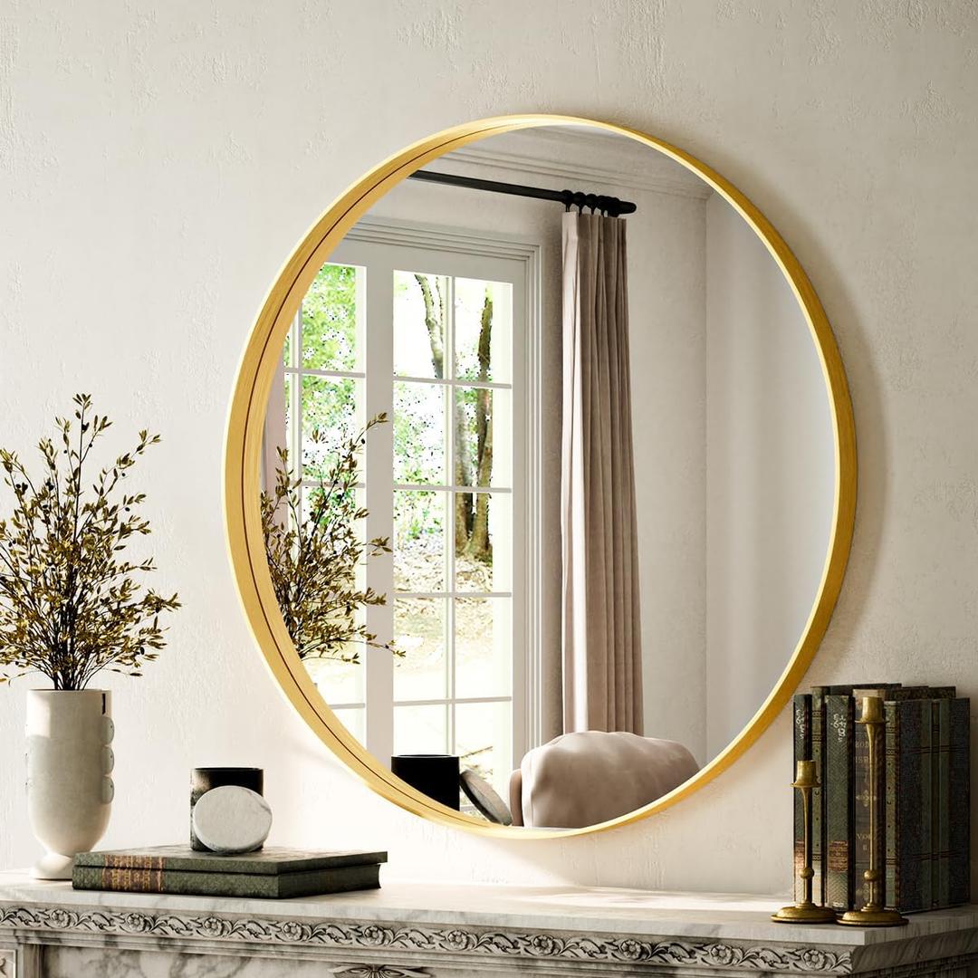 Round Bathroom Mirror 30 inch, Gold Gorgeous Deep Frame Round Wall Mirror, Modern Round Bathroom Vanity Mirror for Bedroom, Living Room, Hanging or Leaning, Gold