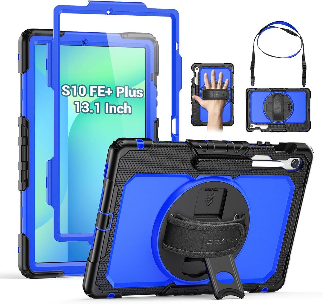 SEYMAC Case for Samsung Galaxy Tab S10 FE+/ S10 FE Plus 5G 13.1 2025, Heavy Duty Full-Body Shockproof Protective Case with Screen Protector, Stand, Hand/Shoulder Strap and Pen Holder, Dark Blue