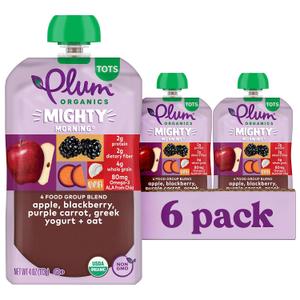 Plum Organics Mighty Food Group Blend, 4 Ounce Pouch, 6 Pack | Organic Baby Food, Quinoa, Blackberry, Purple Carrot, Greek Yogurt & Oat, 12+ Months, Kosher, Non-GMO (EXP 12/12/26)