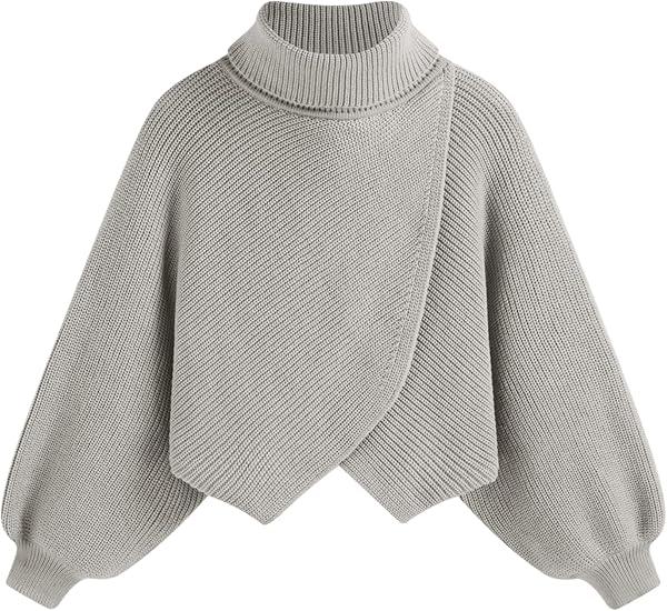 CIDER High Neck Solid Knitted Long Sleeve Crop Sweater Curve & Plus, Grey XL