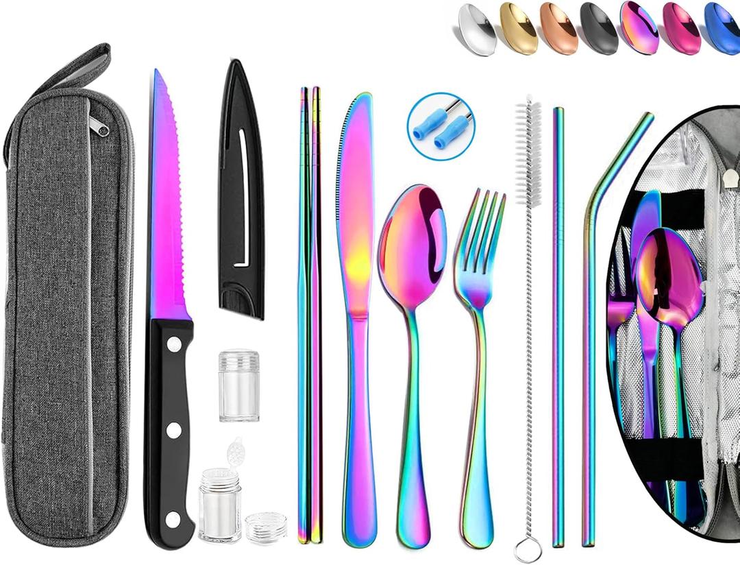 Portable Reusable Travel Utensils Silverware With Case, Camping Cutlery Set, Chopsticks and Straw, Flatware With Case, Stainless Steel Rainbow Top