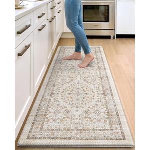 DEXI Kitchen Floor Mats Cushioned Anti Fatigue, 23x59 Rubber Standing Comfort Runner Rug, Waterproof Retro Floral Memory Foam Padded for Front Sink Laundry, Beige/Ivory