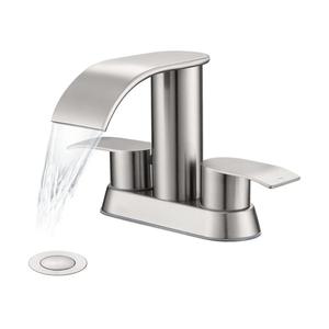 Ultimate Unicorn Waterfall Bathroom Sink Faucet Brushed Nickel, Two Handles Bathroom Faucet with Metal Pop up Sink Drain Stopper, Two Or 3 Holes Bathroom Basin Mixer Tap with Deck Mount Plate