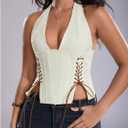 MakeMeChic Women's Corset Halter Tops Y2K Going Out Lace Up Tops Gothic Cowgirl Crop Tops (Teal, M)