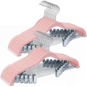 24-Pack Blush Pink Velvet Hangers with Clips Adjustable,Adult Hangers,Heavy-Duty,Felt,Non-Slip,Space Saving,Slim Outfit Hanger for Pants, Skirts, Suits,Coats, Dresses ect.