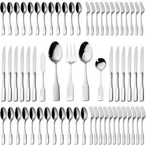 Alata Kate 65-Piece Silverware With Utensil-Serving Set, Service for 12, Stainless Steel Flatware, Mirror Polished Cutlery, Dishwasher Safe (65 pieces for 12)