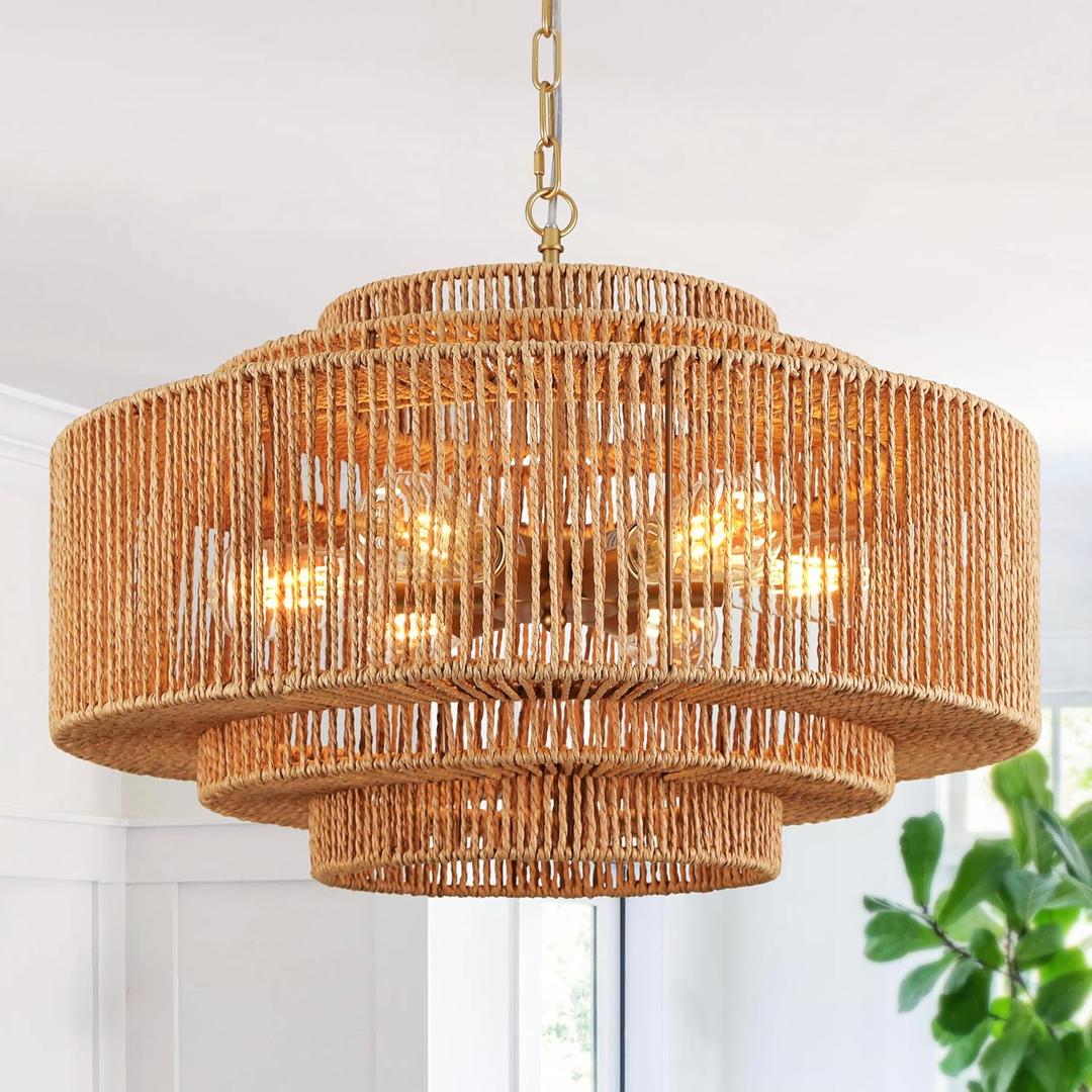 24" Rattan Pendant Lights Gold 6 Lights Rattan Chandelier Light Fixture 3-Tier Hand-Woven Rattans Chandelier Boho Wicker Pendant Light Rustic Fixtures for Dining Room Bedroom (Brown-Gold Finsh)