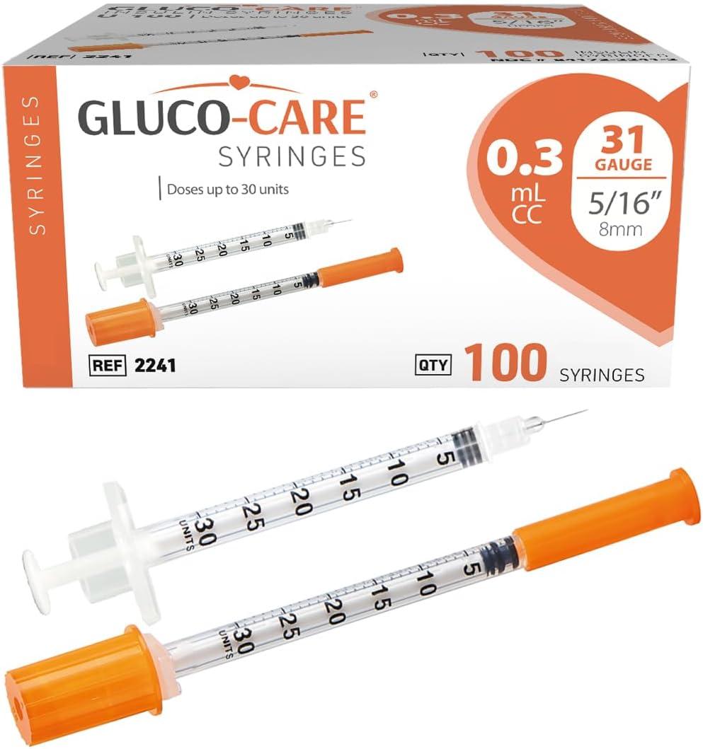 GLUCO-CARE 0.3 ml/cc Syringes 31G x 5/16 (8mm), Orange Cap, Box of 100 pcs
