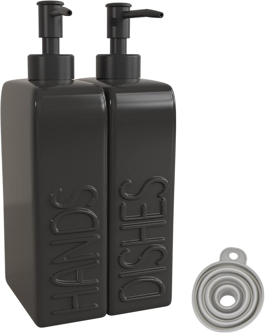 Soap Dispenser Set with Stainless Steel Pump, 2 Pack Ceramic Refillable Dish Soap and Hand Soap Dispenser for Kitchen, Bathroom, Matte Black