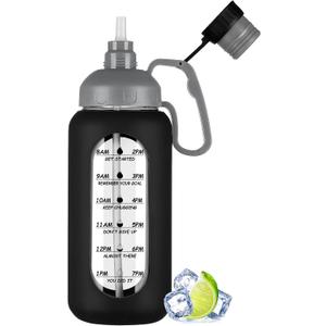MUKOKO 64oz Glass Water Bottles with Straw, Half Gallon Water Jug with Time Marker, Sports Large Motivational Bottle with Silicone Sleeve, Black