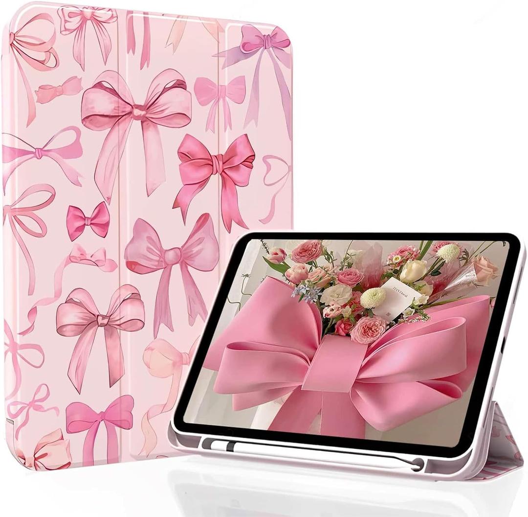 for iPad A16 11 Inch 2025 /for iPad 10th Generation 10.9 Inch 2022 Bows iPad Case with Pencil Holder-[Auto Wake/Sleep], Trifold Stand Soft TPU Protective Cover, Cute Pink Bows