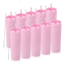 Volhoply 20oz Plastic Skinny Tumblers Bulk 10 Pack,Double Wall Tumbler with Lid and Straw,BPA Free Matte Acrylic Iced Coffee Cups With Straw,Reusable Travel Cute Mug for Party,DIY Gift(Pink, 10 Set)